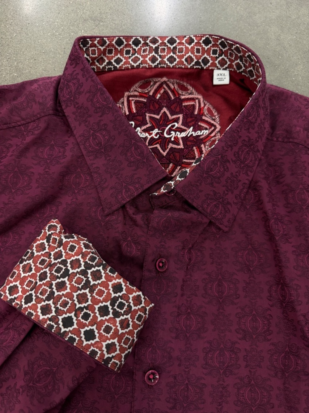 Robert Graham button up shirt 3XL flip cuff maroon all over print cotton classic